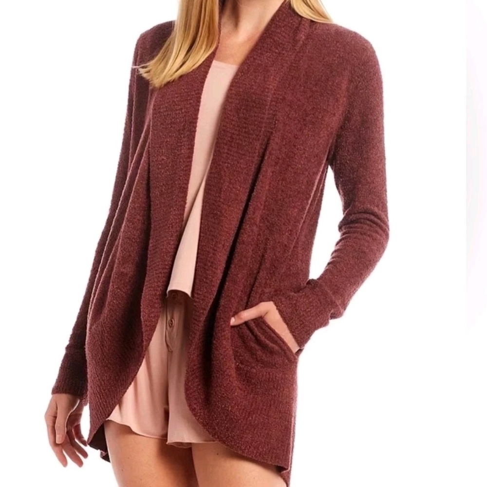 Barefoot Dreams Womens Cozy Chic Lite Open Cardigan Burgundy Red Pockets. sz- M
